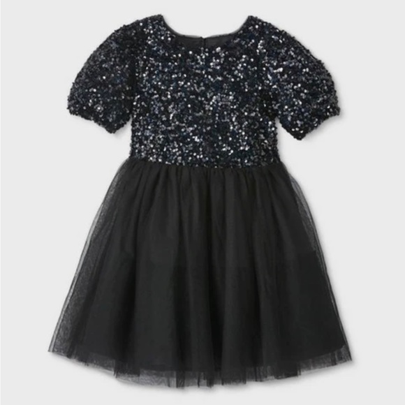 Cat & Jack Girls' Puff Sleeve Sequin Tulle Dress, Size Small (6/6X) - Picture 1 of 4